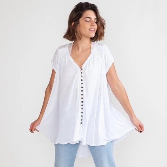 Free People Tops - Free People Highland White Tee M Medium Button Front V Neck Loose Fit Linen